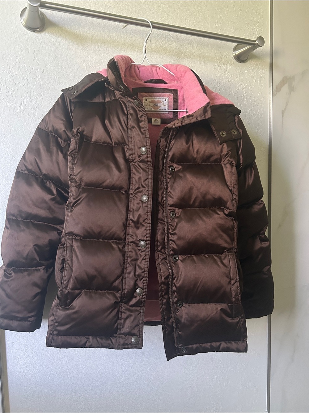 Hooded GAP Brown Puffer Jacket with Pink Lining